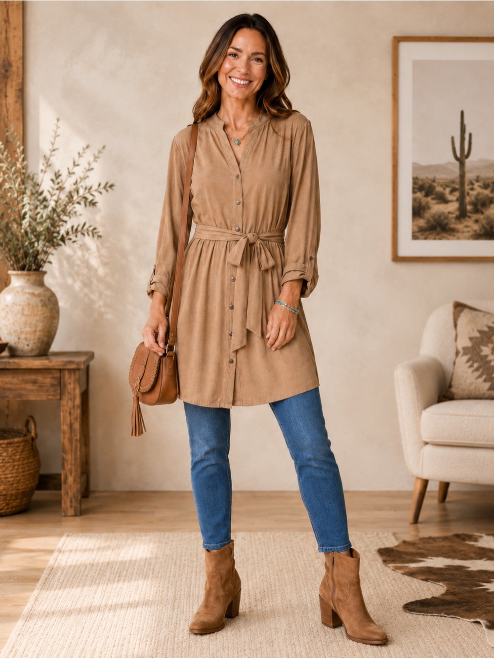 Charming Charlie Tan Faux Suede Belted Tunic Top M Button Front Western Boho NWT